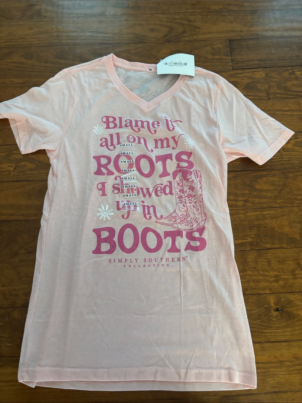 Simply Southern Pink Graphic V-Neck Tee with Boot Design
